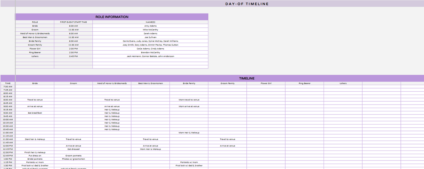 Be Your Planner Day-Of Timelines Spreadsheets