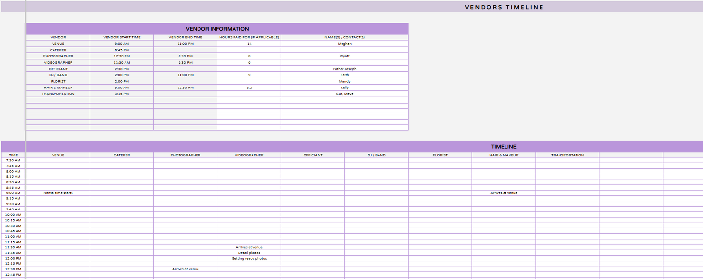 Be Your Planner Day-Of Timelines Spreadsheets
